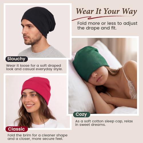 Black Cotton Slouchy Beanie Hat for Men and Women - Oversized Skull Cap - One Size