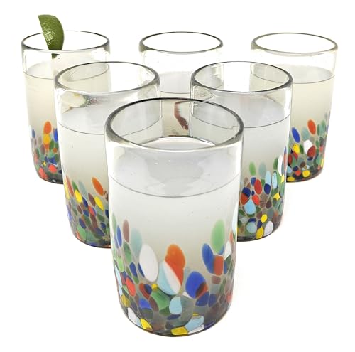 Set of 6 Hand Blown Drinking Glasses with Confetti Carmen Design - 14 oz