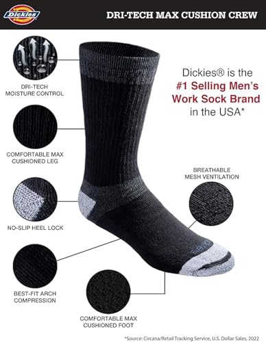 Dickies Men's Dri-Tech Moisture Control Crew Socks - Black, Large, 12 Pairs