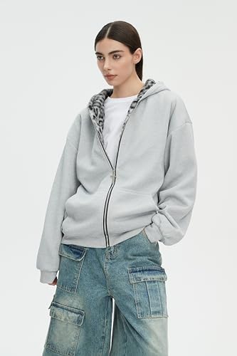 Leopard Print Reversible Hoodie Jacket - Grey Medium, CUTEGAL
