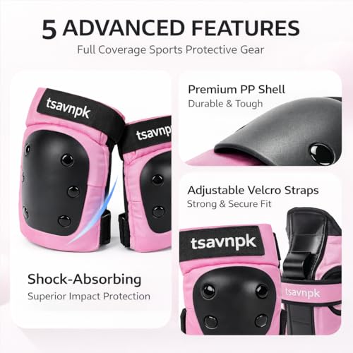 Adult Pink Knee and Elbow Pads Set with Wrist Guards - Large (110–143 lb)