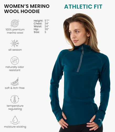 Women’s Merino Wool Hoodie Medium Deep Teal Slim Fit Quarter Zip Base Layer