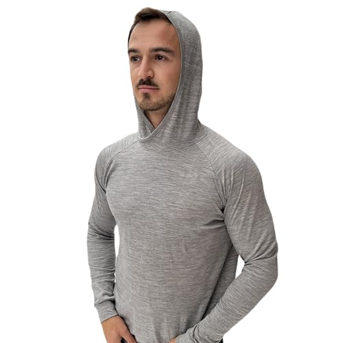 Men's X-Large Grey Merino Wool Hoodie Shirt - Lightweight UV-Protective Base Layer