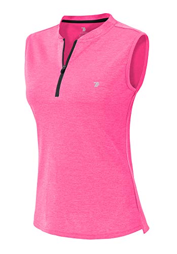 YSENTO Women's Golf Polo Tank Top - Medium Fluorescence Rose Red, Sleeveless, 1/4 Zip, UPF 50+