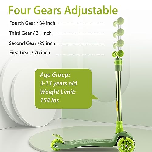 Kids 3 Wheel Scooter with Light Up Wheels, Adjustable Height, Sturdy Deck - Green
