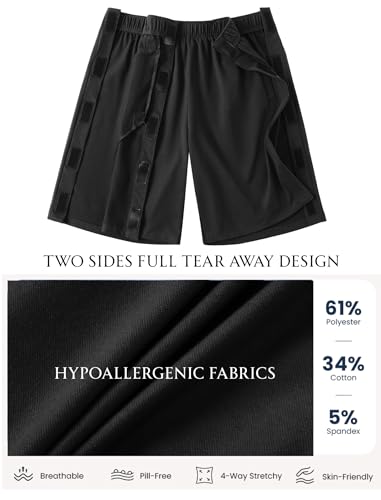 Unisex Tear Away Athletic Shorts - 9 Inch Snap-On Post Knee Hip Recovery Lounge Pants - Large Black