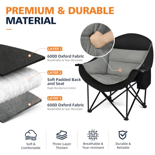 Oversized Heavy Duty Camping Chair with Cooler Bag & Padded Seat - Black, Non-Heating