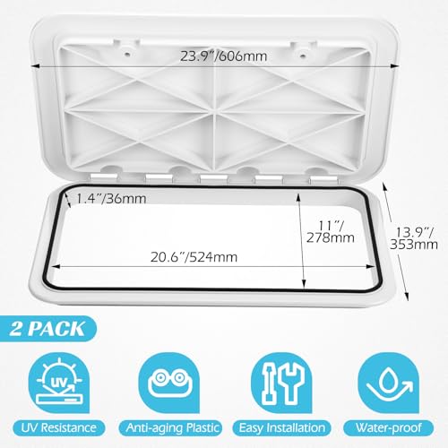 White Marine Boat Deck Hatch Cover Set - 24 x 14 Inches with 180 Hinges & Handle