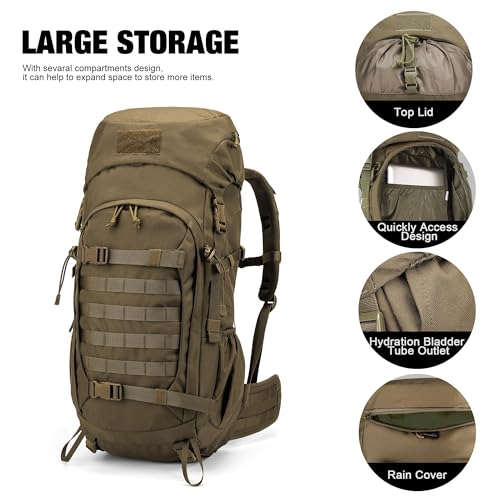 Khaki 50L Hiking Backpack with Rain Cover - Durable Tactical Daypack