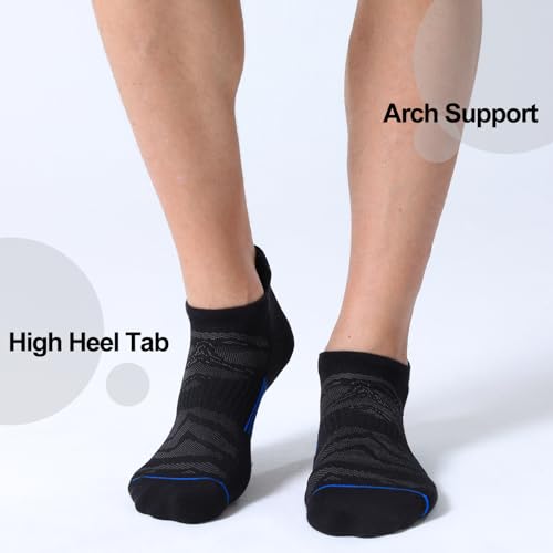 Men's Ankle Running Socks 6 Pack - Low Cut Cushioned Athletic Socks Black+Blue 9-12