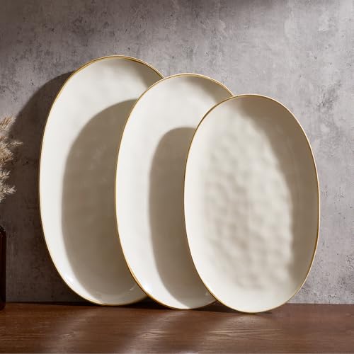 Famiware Vanilla White Serving Platters Set of 3 - Oval Stoneware Trays for Food