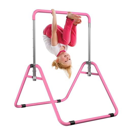 WATBKHE Pink Kids Gymnastics Bar - Adjustable, Foldable Indoor Gym Equipment