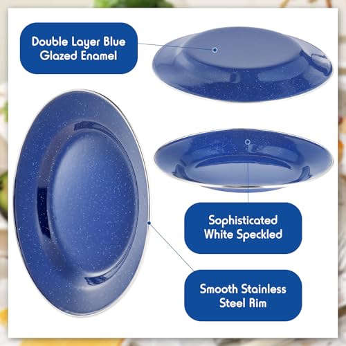 Sawysine 8 Pack 10-Inch Blue Enamel Camping Plates - Durable Outdoor Dinnerware