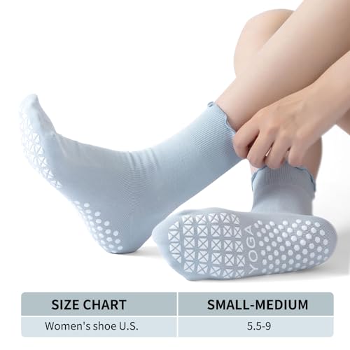 Blue Women Pilates Socks with Non-Slip Grips, Ruffled Cuff - 3 Pairs