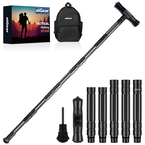Black 40.5-Inch Tactical Walking Stick with Survival Tools & Versatile Handle - 5 Tubes