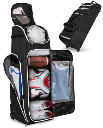 CURMIO Rolling Football Bag with Helmet Compartment & Wet Pocket - Sports Gear Storage