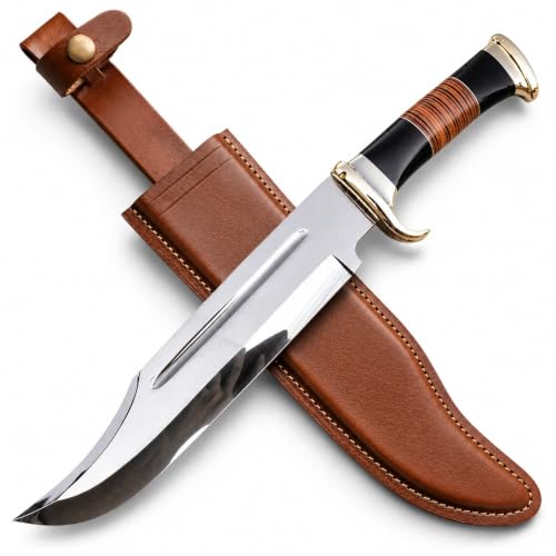 Large 17-Inch Survival Bowie Knife with Leather Sheath - Hunting Camping Fixed Blade
