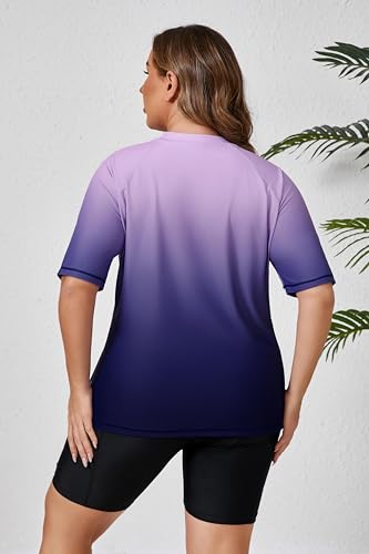 Halcurt Women's Plus Rash Guard Swim Shirt Boyshorts Set Ombre Purple 2X