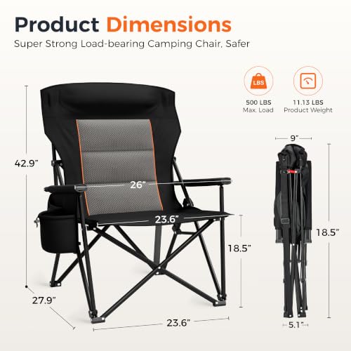 Alpha Camp Heavy Duty Oversized Camping Chair with Cup Holder & Headrest - Black, 2-Pack, 500LBS Capacity