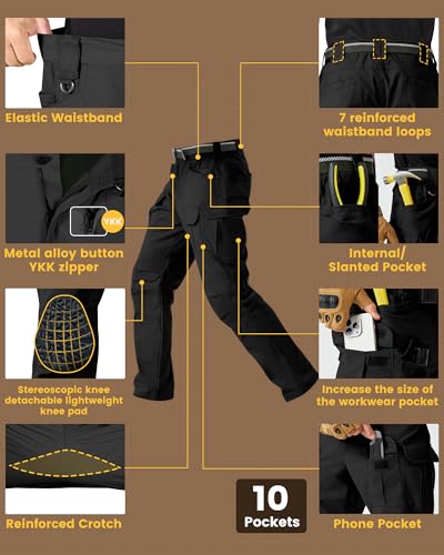 Men's Tactical Work Pants with Removable Knee Pads - Water-Resistant Cargo, 36W x 30L, Black