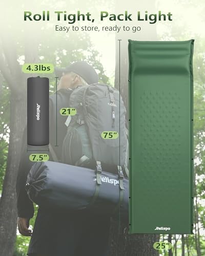 Self-Inflating Camping Sleeping Pad with Built-in Pillow - Green, 8 R-Value, 4 Season