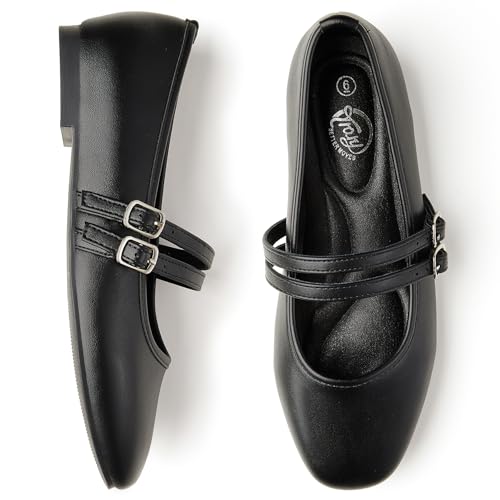 Women Square Toe Mary Jane Flats - Black, Size 8