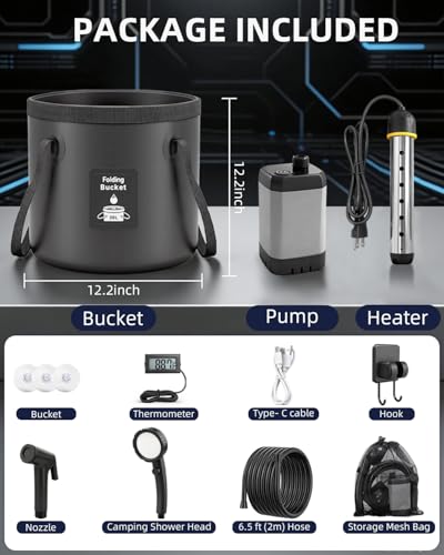 Portable Shower with Heater for Camping - Black, 6.6-Gallon Foldable Bucket & 3 Spray Modes