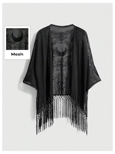 Large Women's Goth Fringe Kimono Top Sheer Shawl Cardigan - Black