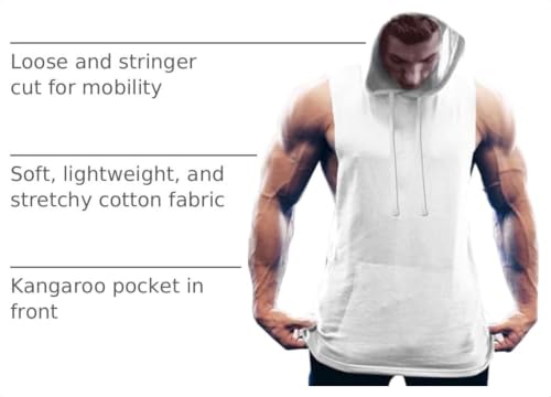 Men's Workout Hooded Tank Top - White Large - Bodybuilding Muscle Gym Sleeveless T-Shirt