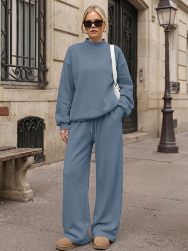 Women's Mock Neck Sweat Sets - 2 Piece Fall Outfits, Medium / Grey Blue