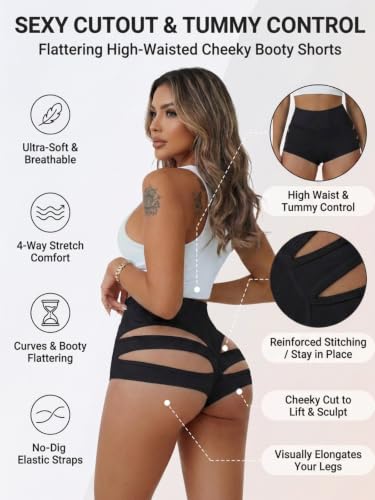 Women’s High Waist Cut Out Booty Shorts - Black, Medium - Rave Festival Fitness