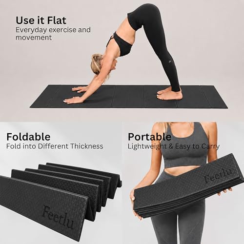 Feetlu Foldable Yoga Mat 72x24 Inches, 6/8/10/12mm Thickness, Black, Home Workout