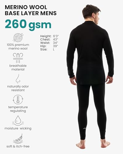 Men's Merino Wool Base Layer Set - Large Black Thermal Turtleneck & Socks