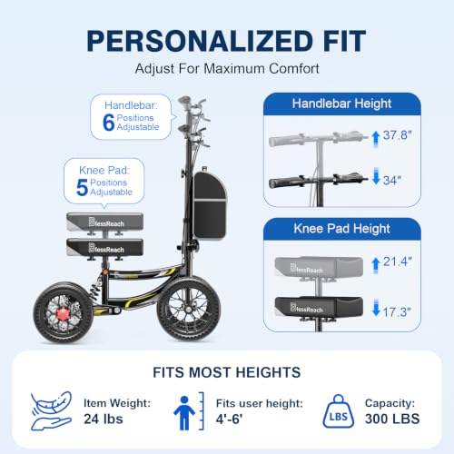 BlessReach All Terrain Knee Scooter for Adults - Shiny Black, 11” Big Wheels, 300 lbs