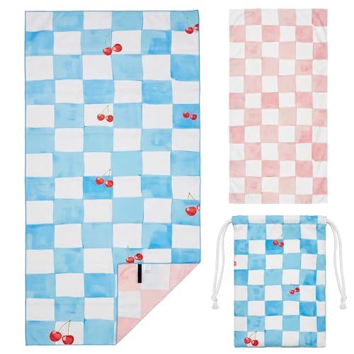 Checkered Beach Towel with Bag 71x36in Microfiber Double-Sided Pool Towel Blue Pink