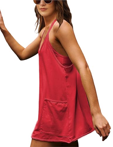 Women’s Red Medium Athletic Romper Dress with Built-in Shorts - Summer Tennis Mini Dress
