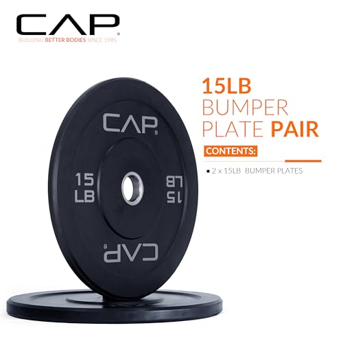 CAP Barbell Rubber Olympic Bumper Plate - 15lbs Pair, Medium Bounce, Multiple Colors