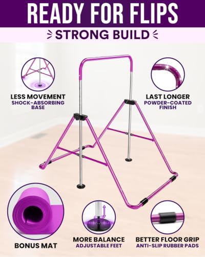 Foldable Kids Gymnastics Bar with Rings and Mat - Adjustable Height, Portable Exercise Equipment