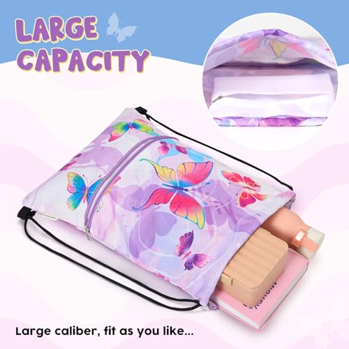 Kids Drawstring Backpack with Zipper Pocket - WAWSAM Gym/Swim Cinch Bag, Butterfly Variation
