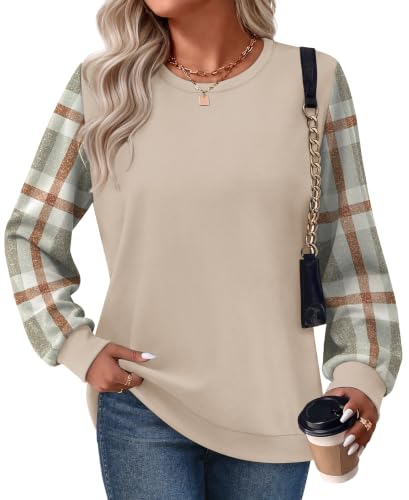 OFEEFAN Women's Color Block Crewneck Sweatshirt Large - Plaid Fall Top
