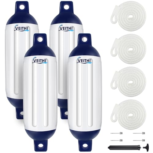 6.5 x 23 Inch Boat Fenders Set - White & Blue Vinyl Docking Bumpers with Ropes & Pump