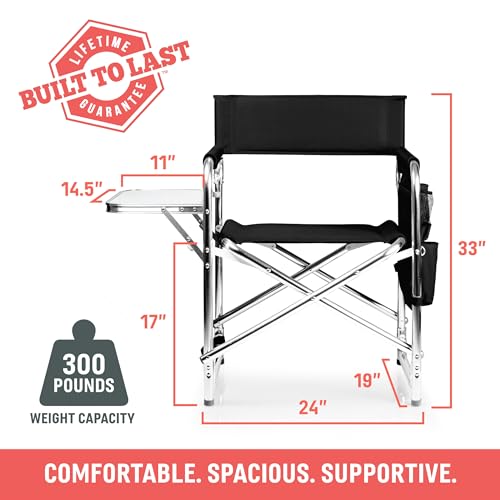 Black Picnic Time Sports Chair with Side Table & Armrest Caddy - Portable Folding Camping Seat