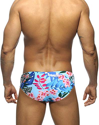 Men Swimsuit Bikini Briefs with Adjustable Drawstring - Large Flowerblue