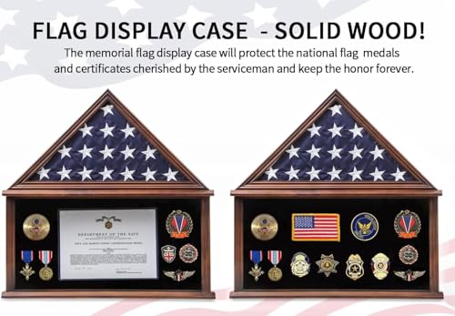 Walnut Finish Burial Flag Display Case Large - 5x9.5 Military Flag Shadow Box with Glass