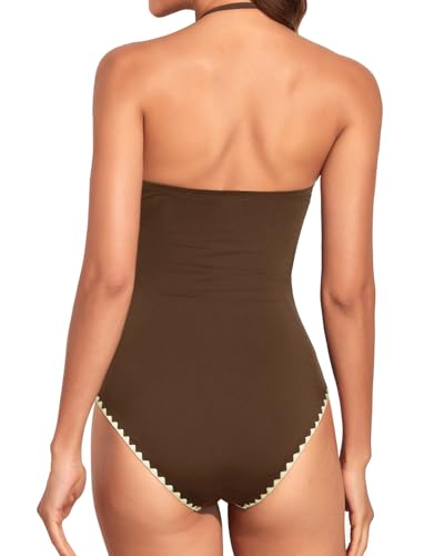 Holipick Women Tummy Control One Piece Swimsuit - Medium, Brown & White