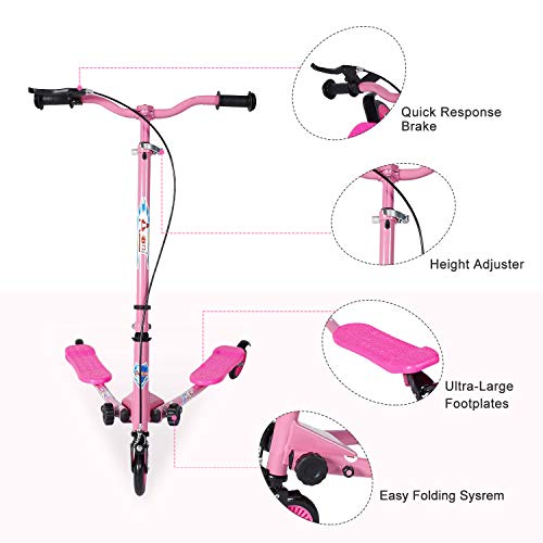 Pink Kids Swing Scooter with 3 Wheels, Adjustable Height & Foldable Design for Ages 5-12