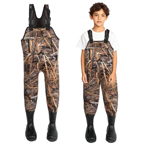 Kids Hunting Waders with Rubber Boots - Lightweight Youth Fishing Gear, 14/15 Next Camo Evo Variation