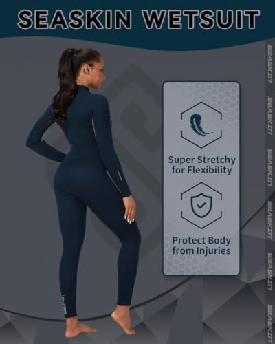 Navy Blue 3mm Neoprene Wetsuit for Women - Full Body Diving Suit with Front Zip
