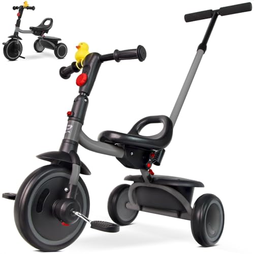 RIDYEE Foldable Toddler Tricycle with Push Handle, Grey, for 18 Months to 5 Years