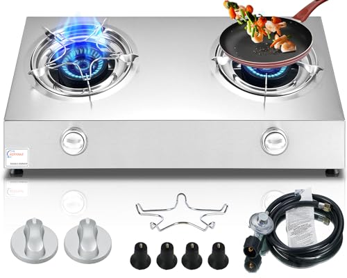 Horynar Silver Propane Stove 2 Burner Auto Ignition 26000 BTU Outdoor Gas Cooker
